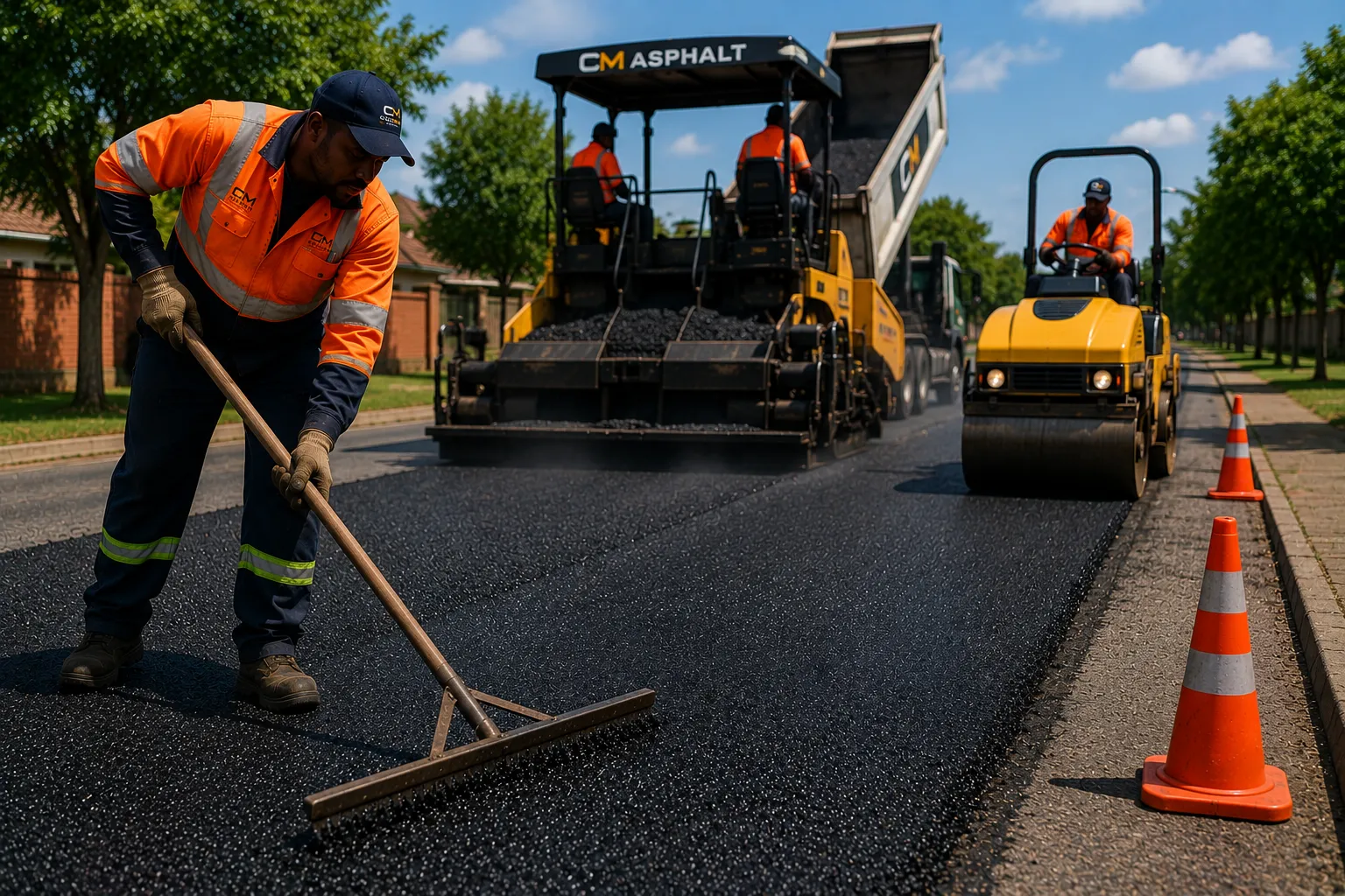 Cold Mix Asphalt South Africa branded road crew — CM-branded workers spreading asphalt with paver and roller on a suburban road